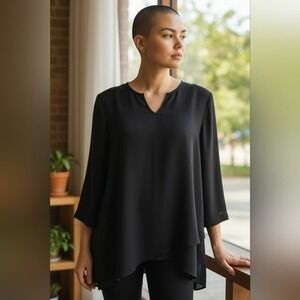 Cristina B Womens Blouse Black Semi Sheer Roll Up Sleeve Layered Hem V-Neck Sz M